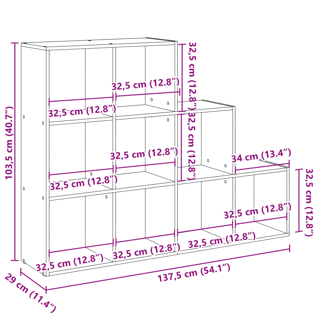 Bokhylle 3 etasjer sonoma eik 137,5x29x103,5 cm konstruert tre