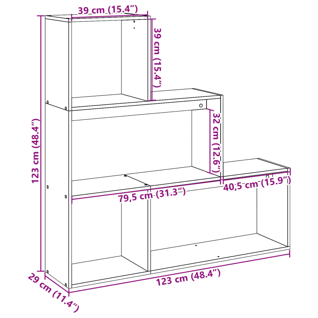 Bokhylle 3 etasjer gammelt tre 123x29x123 cm konstruert tre