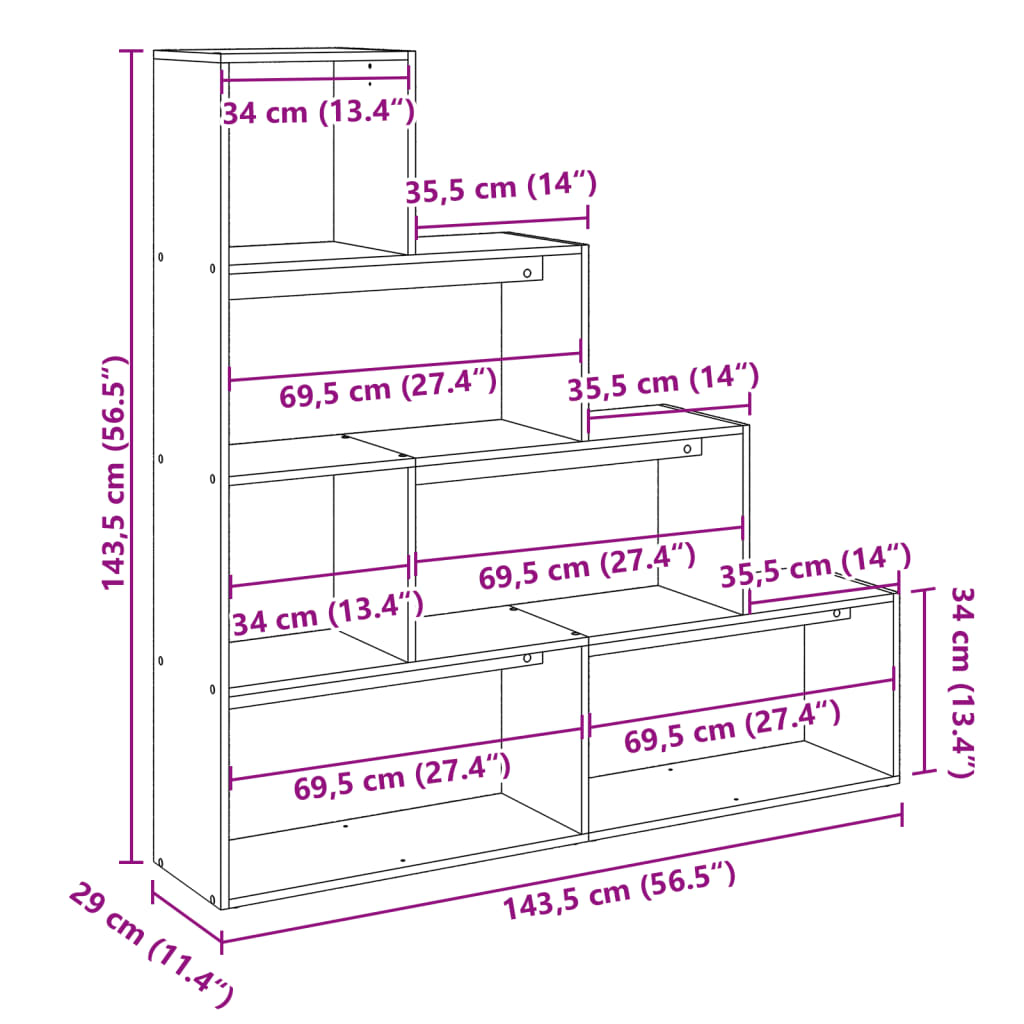 Bokhylle 4 etasjer hvit 143,5x29x143,5 cm konstruert tre