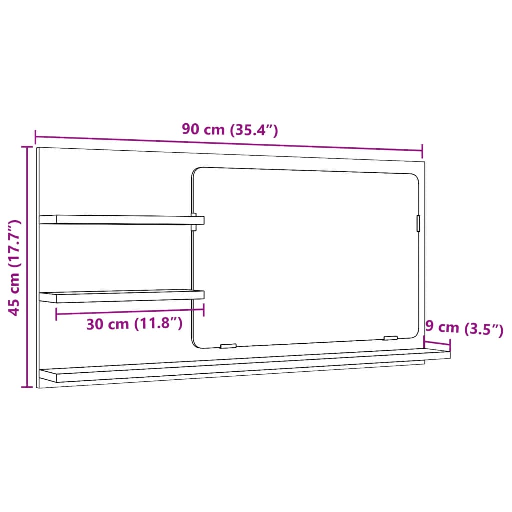 Baderomshylle med speil sonoma eik 90x11x45 cm konstruert tre