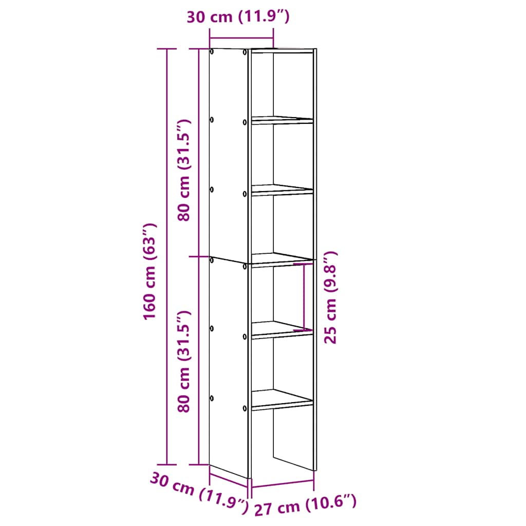 Bokhylle 2 stk stablebar betong grå 30x30x80 cm konstruert tre