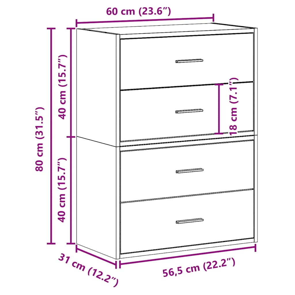 Skap med 2 skuffer 2 stk hvit 60x31x40 cm konstruert tre