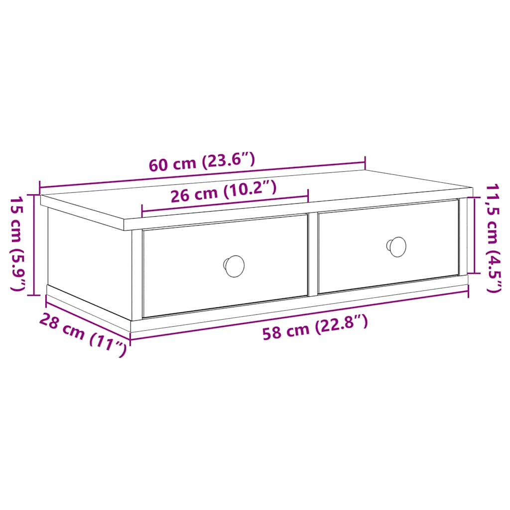 Vegghylle med skuffer hvit 60x25x15 cm konstruert tre