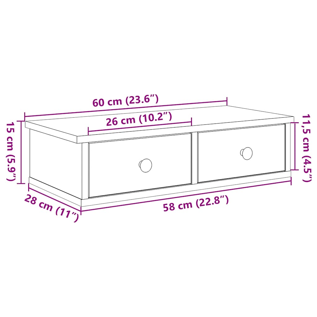 Vegghylle med skuffer røkt eik 60x25x15 cm konstruert tre