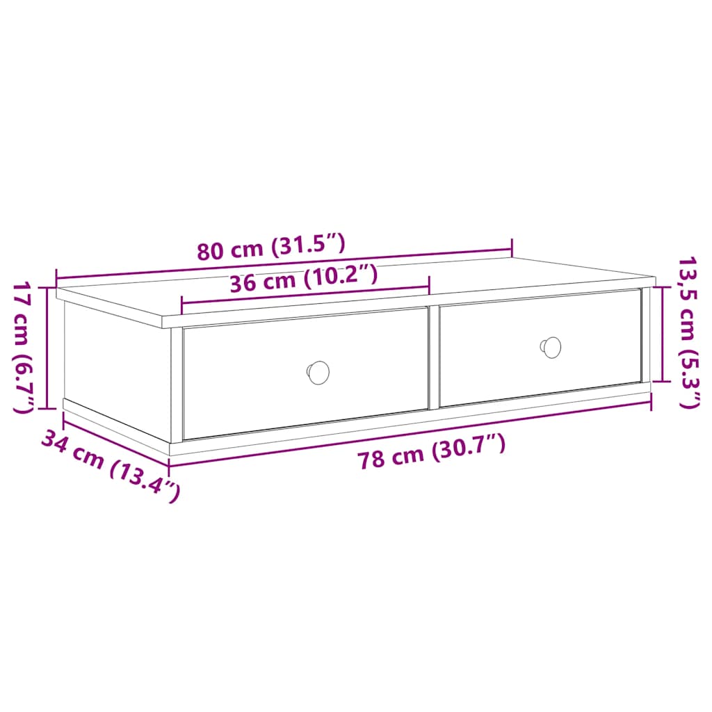 Vegghylle med skuffer svart 80x31x17 cm konstruert tre