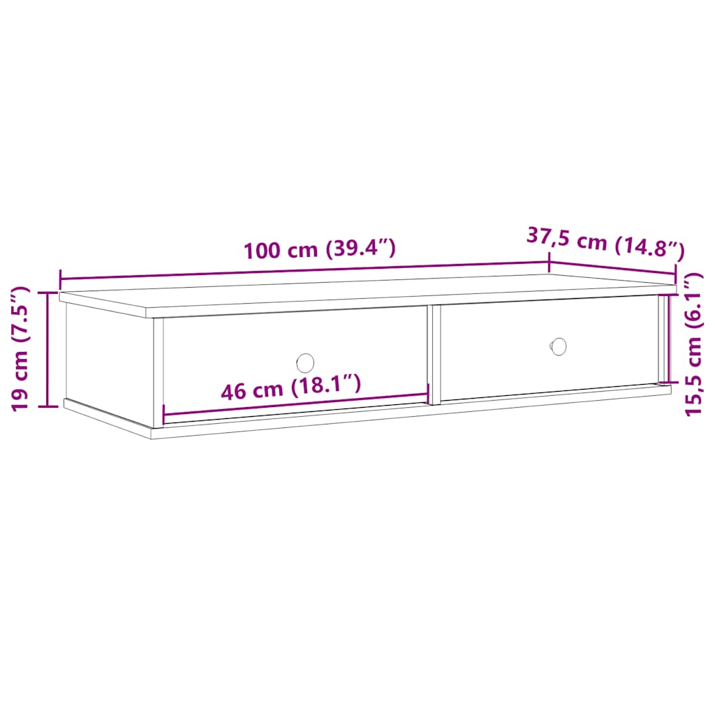 Vegghylle med skuffer hvit 100x37,5x19 cm konstruert tre