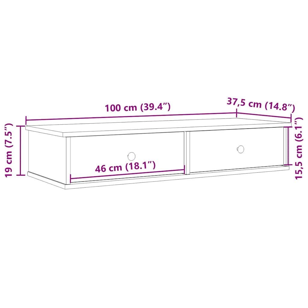 Vegghylle med skuffer grå sonoma 100x37,5x19 cm konstruert tre