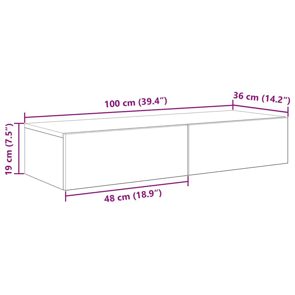 Vegghylle med skuffer betonggrå 100x36x19 cm konstruert tre