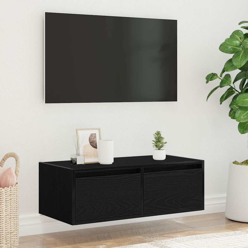 TV-Møbel Svart EikTV-benk med LED-lys 75x35,5x25 cm