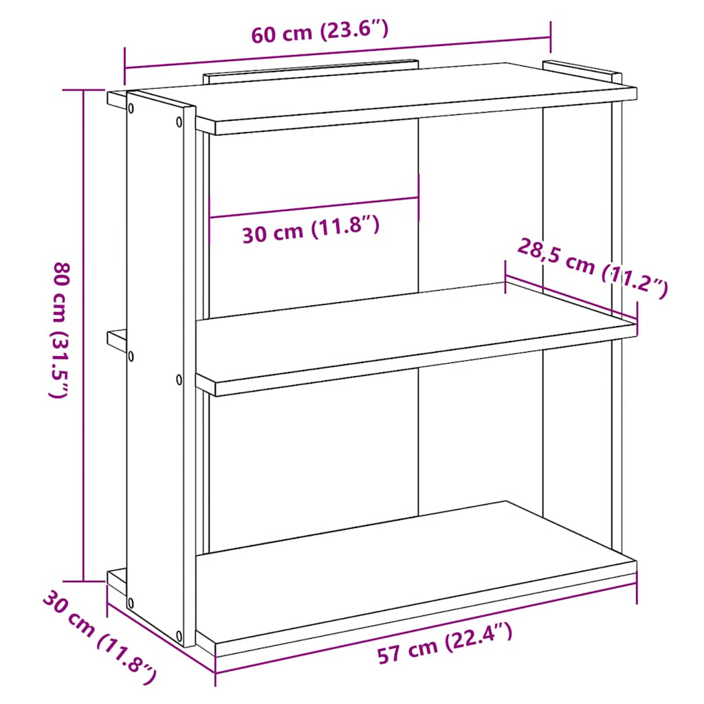 Bokhylle 3 etasjer betonggrå 60x30x80 cm konstruert tre