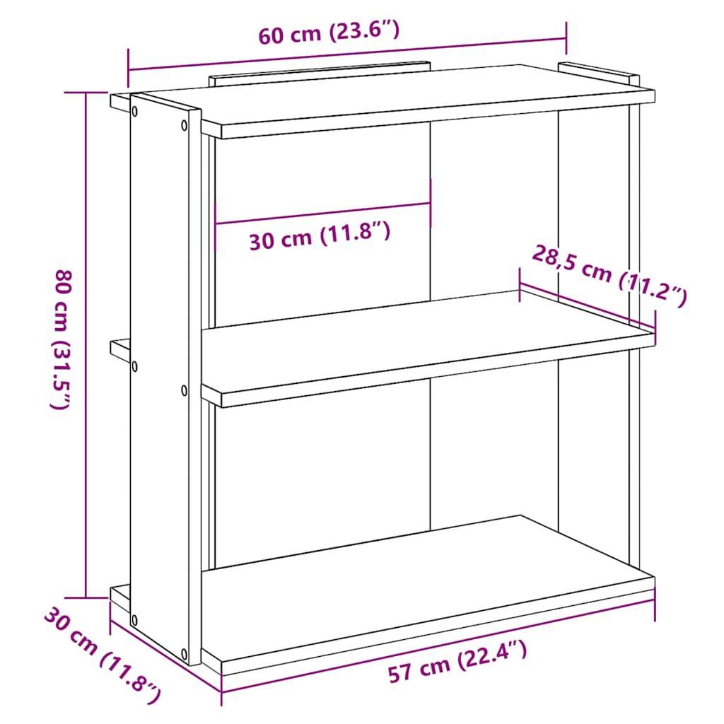 Bokhylle 3 etasjer gammelt tre 60x30x80 cm konstruert tre