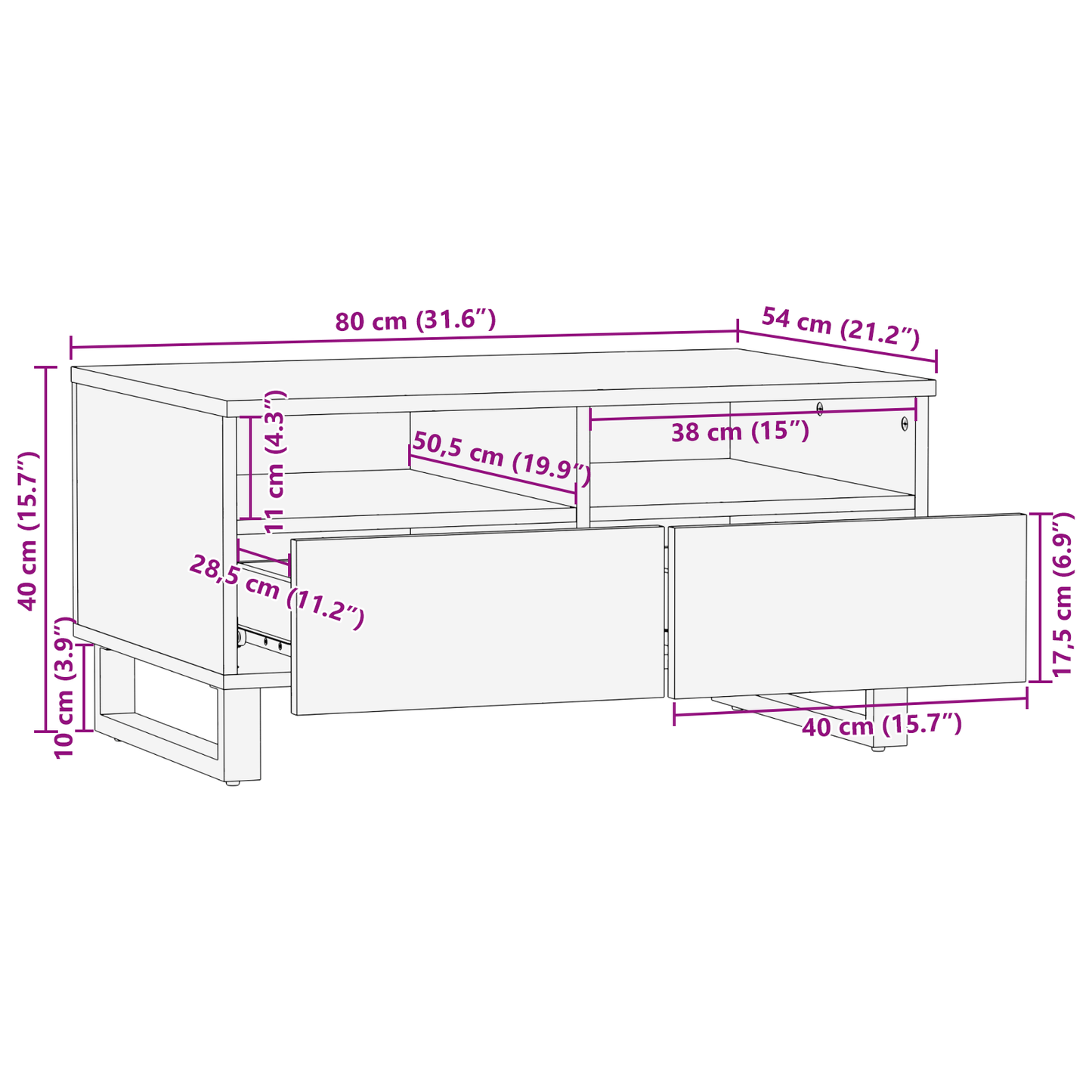 Salongbord Sofabord Hvit med skuff med lagring Svart 80 x 50 x 40 cm