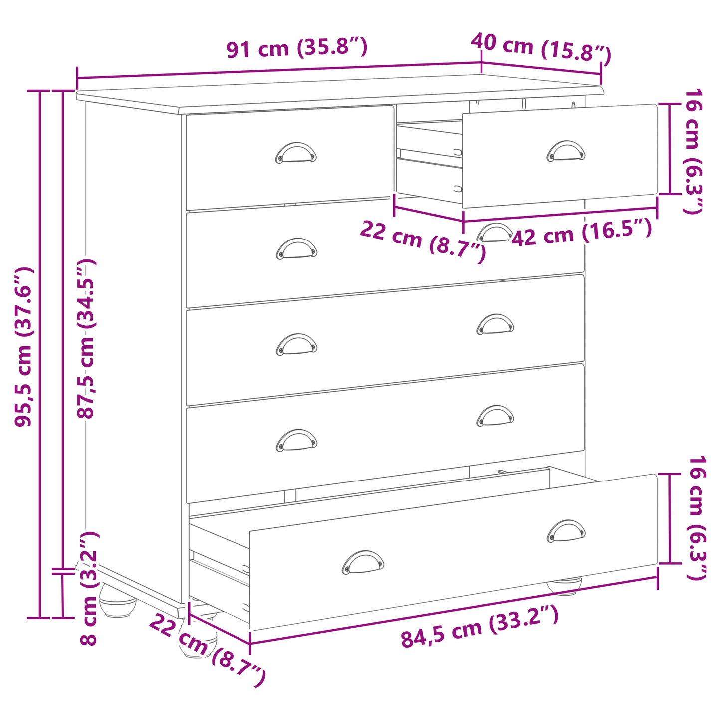 Kommode Tre 'ASKIM'91x40x95.5 cm Solid Tre Furu