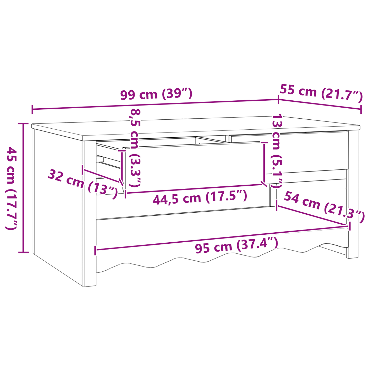 Salongbord Sofabord Tre "DRAMMEN" 99x55x45 cm Solid Tre Furu