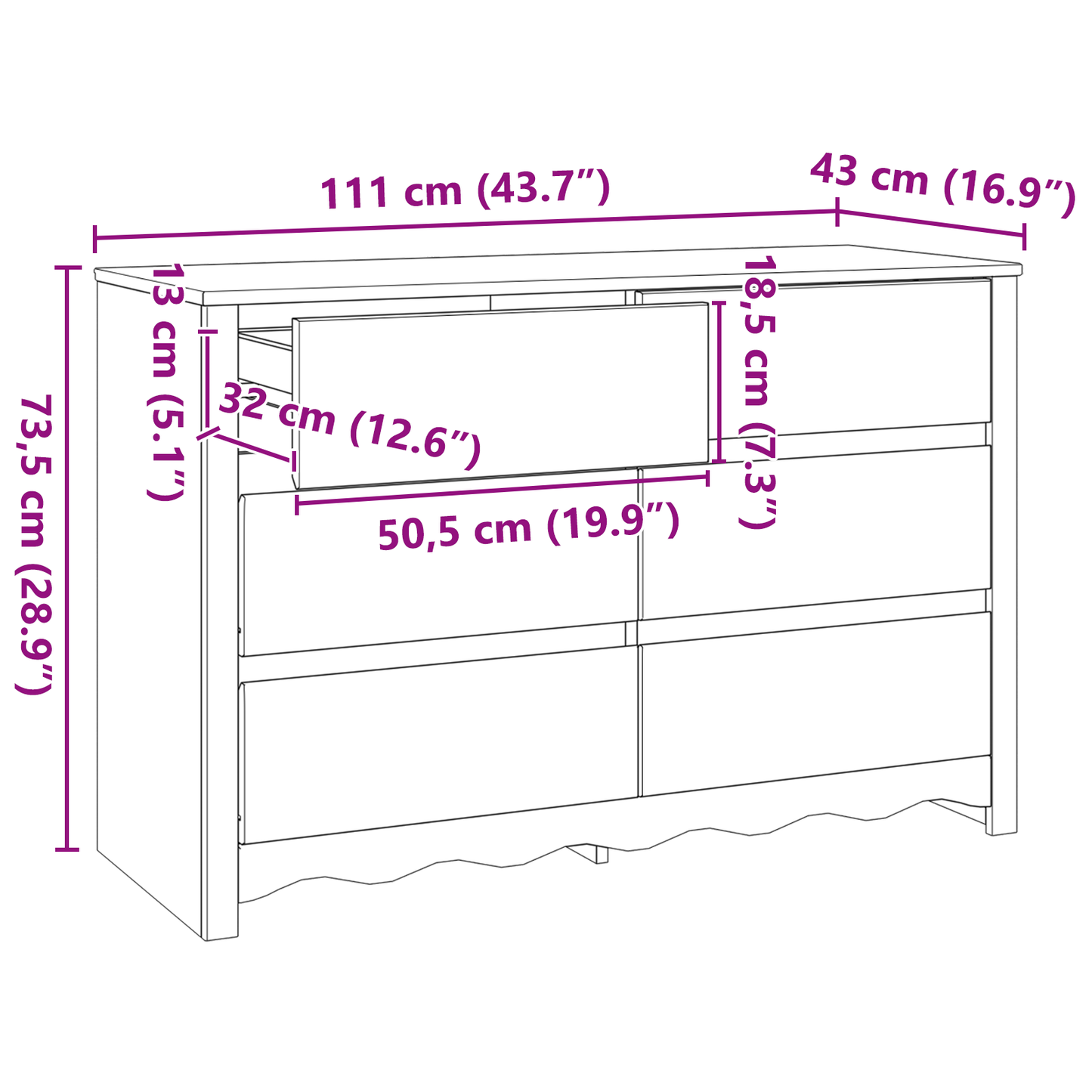 Kommode Tre heltre furu 111x43x73,5 cm